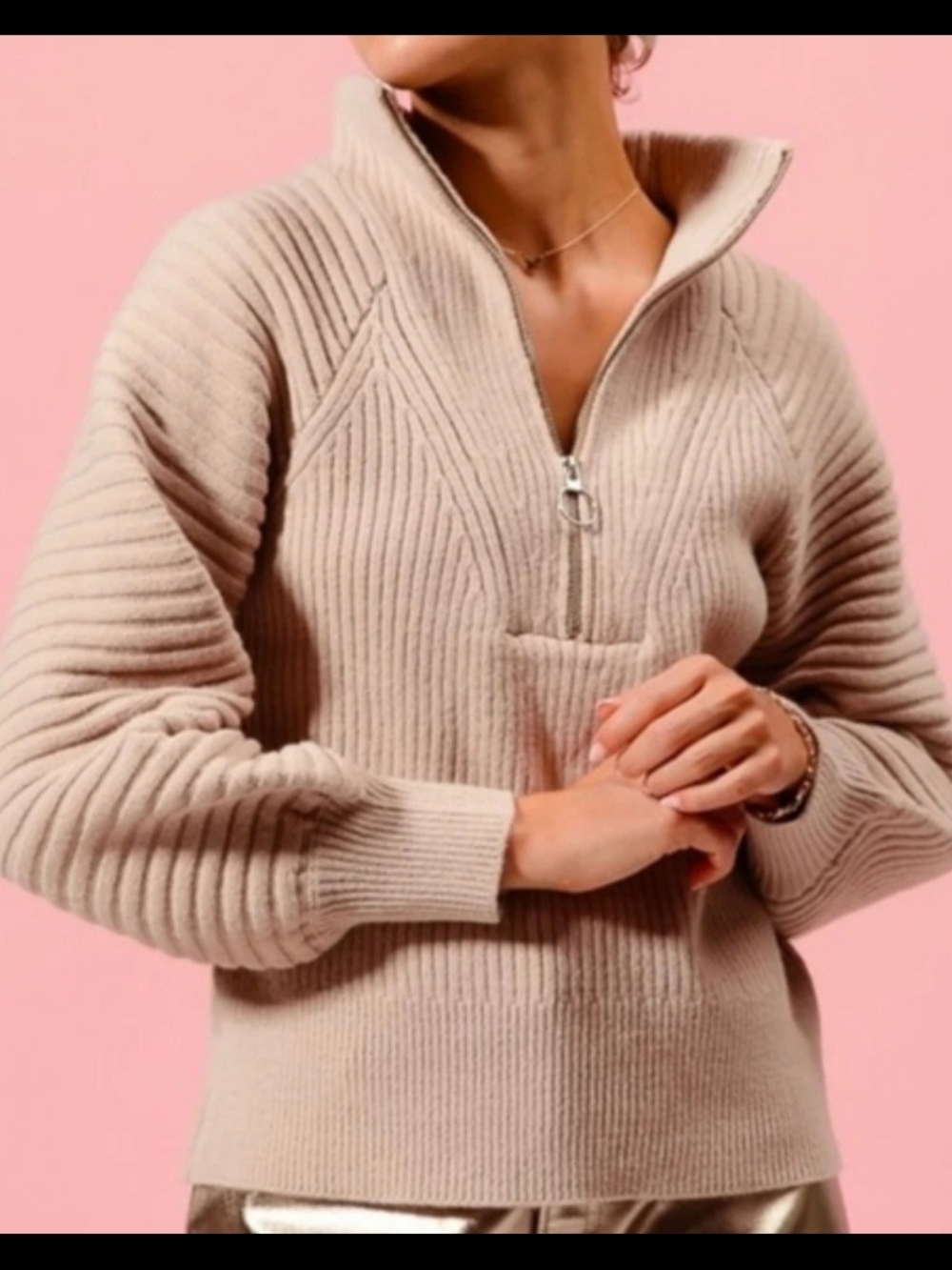 Lily Maes SO ME Zip Ribbed Knit Pullover Sweater with Balloon Sleeves- Size L